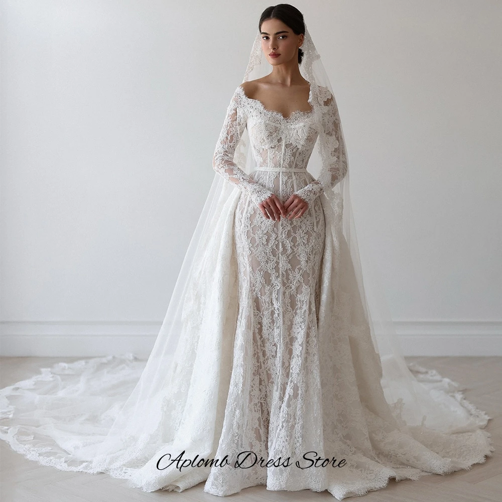 Dreamy Mermaid Vestido De Novia Elegant Customized Appliques Lace Wedding Dress Classic Long Sleeves Boat Neck Bridal Gowns