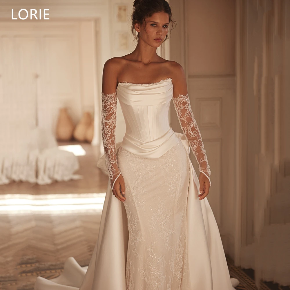 LORIE Exquisite Satin Wedding Dress Pleated Strapless Waist Cinching Lace Bride Gowns Detachable Bow A-Line Train Customized