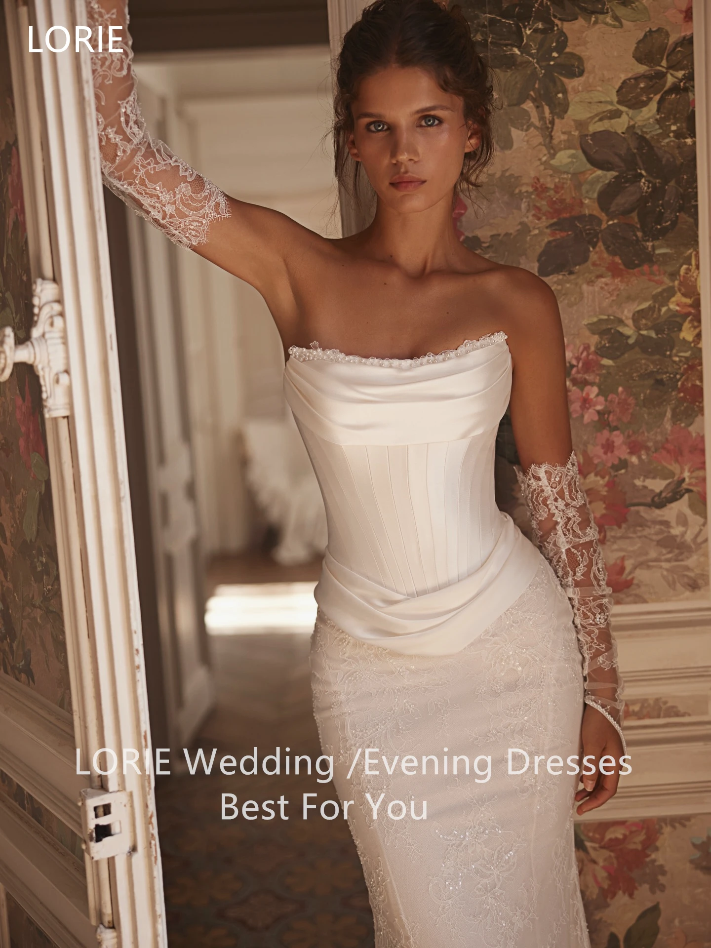 LORIE Exquisite Satin Wedding Dress Pleated Strapless Waist Cinching Lace Bride Gowns Detachable Bow A-Line Train Customized