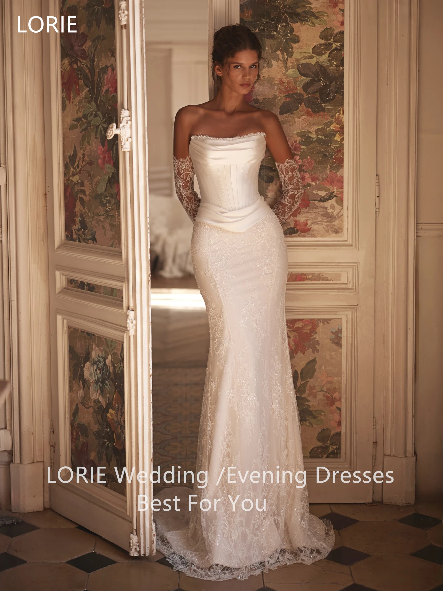 LORIE Exquisite Satin Wedding Dress Pleated Strapless Waist Cinching Lace Bride Gowns Detachable Bow A-Line Train Customized