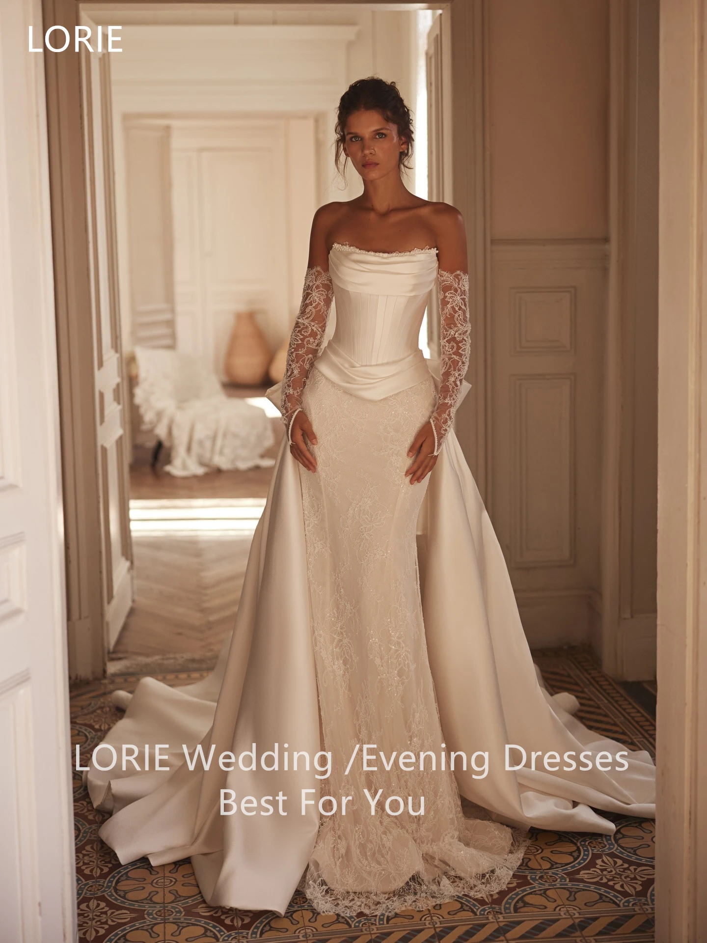 LORIE Exquisite Satin Wedding Dress Pleated Strapless Waist Cinching Lace Bride Gowns Detachable Bow A-Line Train Customized