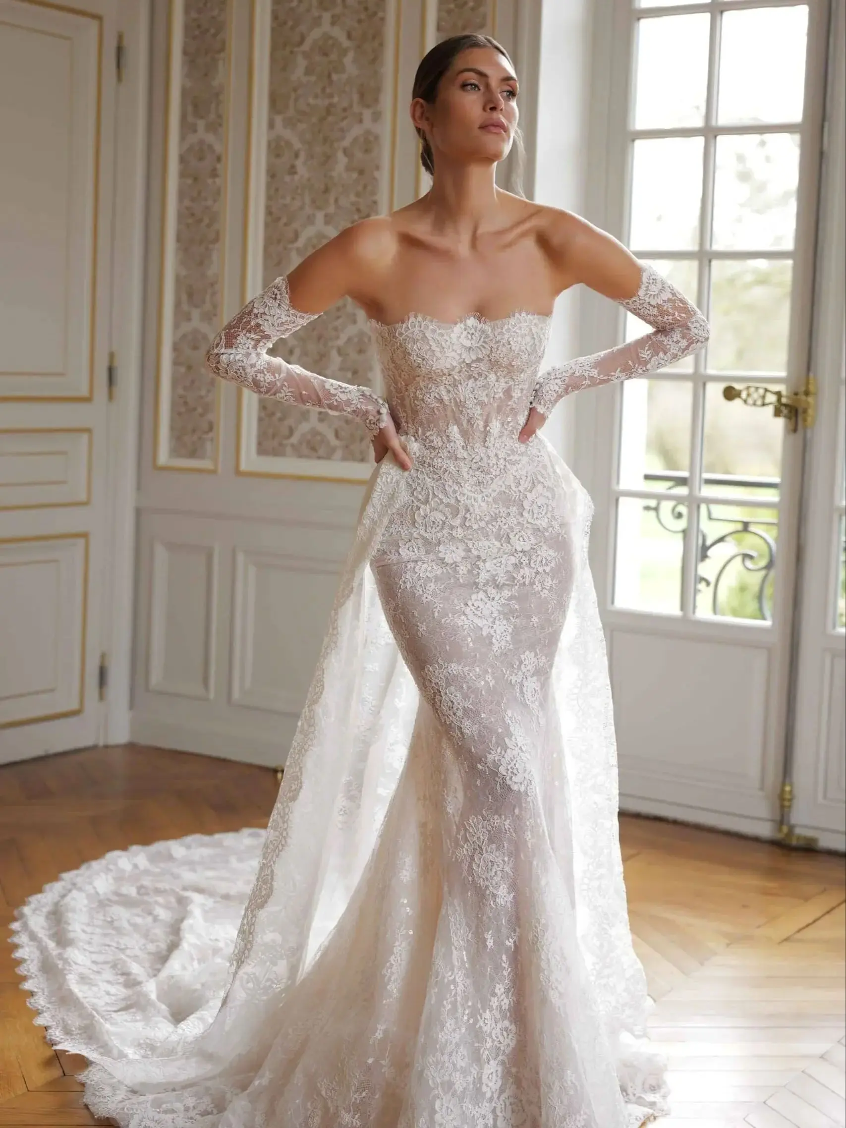 Customized Vintage Lace Mermaid Boat Neck Wedding Breathtaking Off Shoulder Long Sleeves Bridal Gowns Dress Vestido De Novia