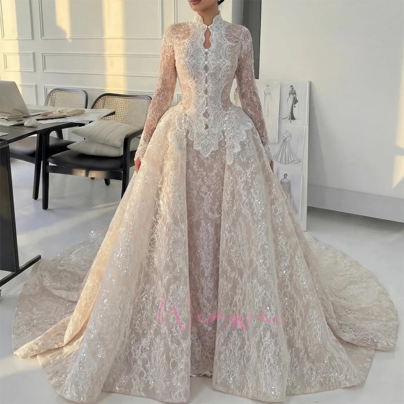 Romantic High Neck New Stylish Design Sweep Train Beauty Elegant Wedding Bride Dress Shimmering Customized Vestidos De Novia