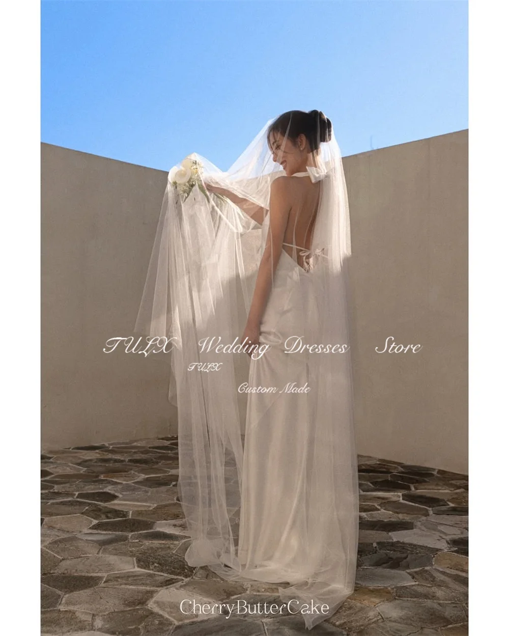 TULX Elegant Ivory Satin Backless Wedding Dress Korea Photo Shoot Halter Sleeveless Mermaid Long Bridal Gowns Customized 웨딩드레스