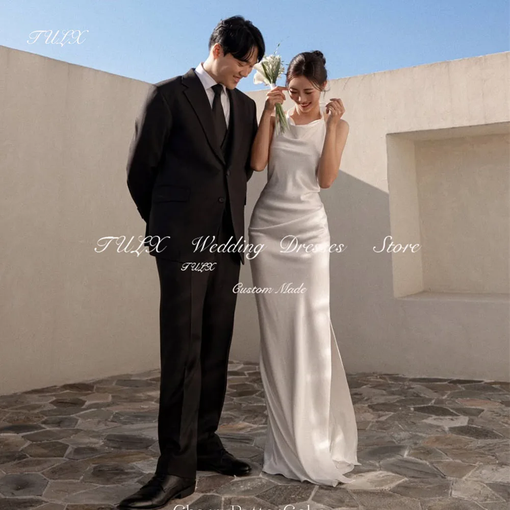 TULX Elegant Ivory Satin Backless Wedding Dress Korea Photo Shoot Halter Sleeveless Mermaid Long Bridal Gowns Customized 웨딩드레스