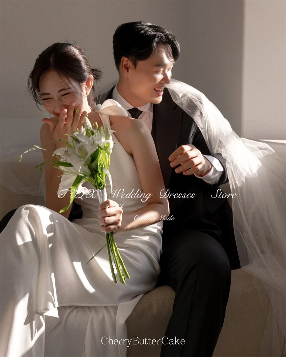 TULX Elegant Ivory Satin Backless Wedding Dress Korea Photo Shoot Halter Sleeveless Mermaid Long Bridal Gowns Customized 웨딩드레스