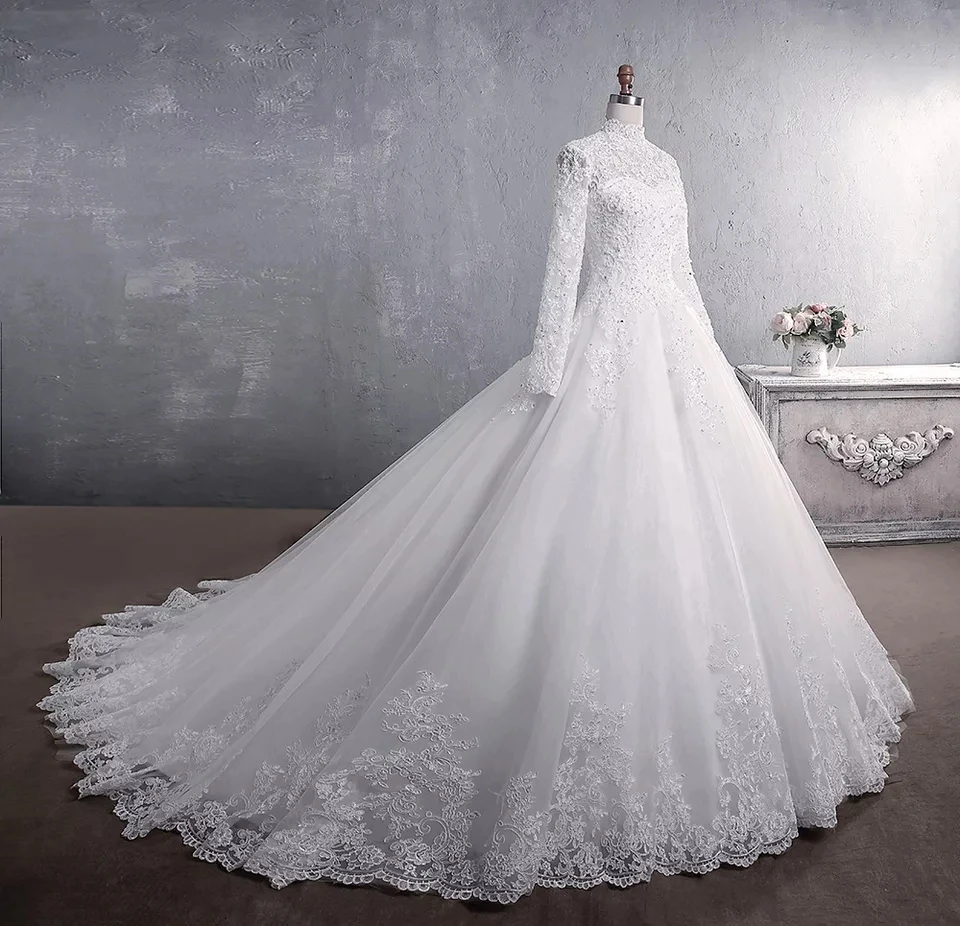 Customized White/Ivory Long Sleeves Wedding Dress Lace Appliques Beading Sequins Bride Dresses High Neck Elegant Wedding Gowns
