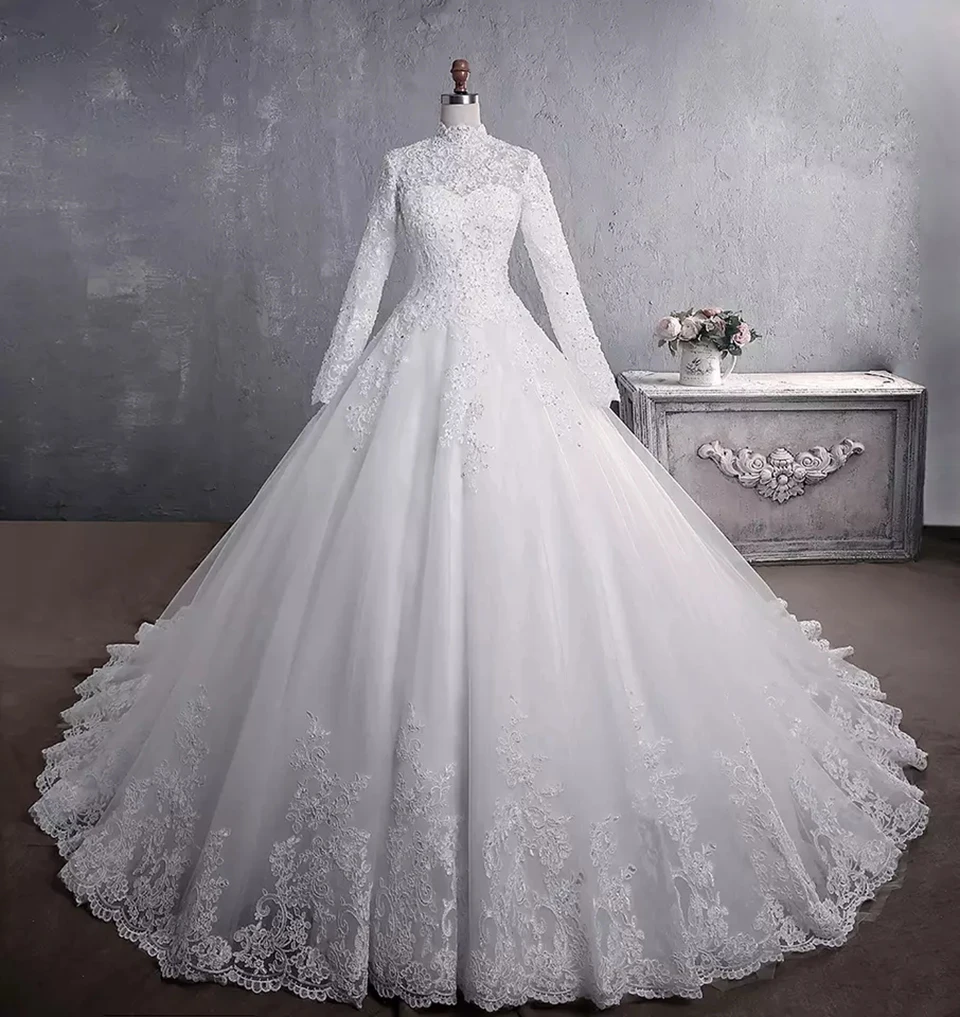Customized White/Ivory Long Sleeves Wedding Dress Lace Appliques Beading Sequins Bride Dresses High Neck Elegant Wedding Gowns