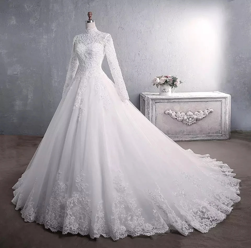 Customized White/Ivory Long Sleeves Wedding Dress Lace Appliques Beading Sequins Bride Dresses High Neck Elegant Wedding Gowns