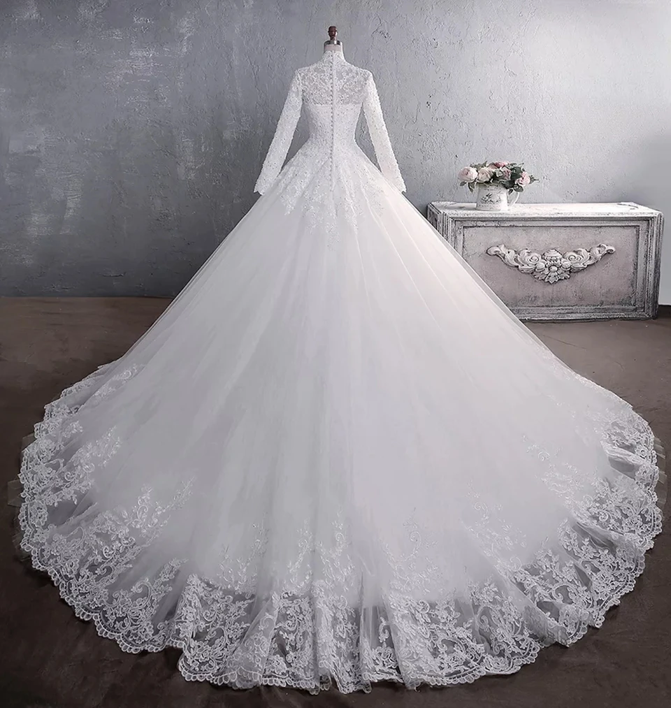Customized White/Ivory Long Sleeves Wedding Dress Lace Appliques Beading Sequins Bride Dresses High Neck Elegant Wedding Gowns