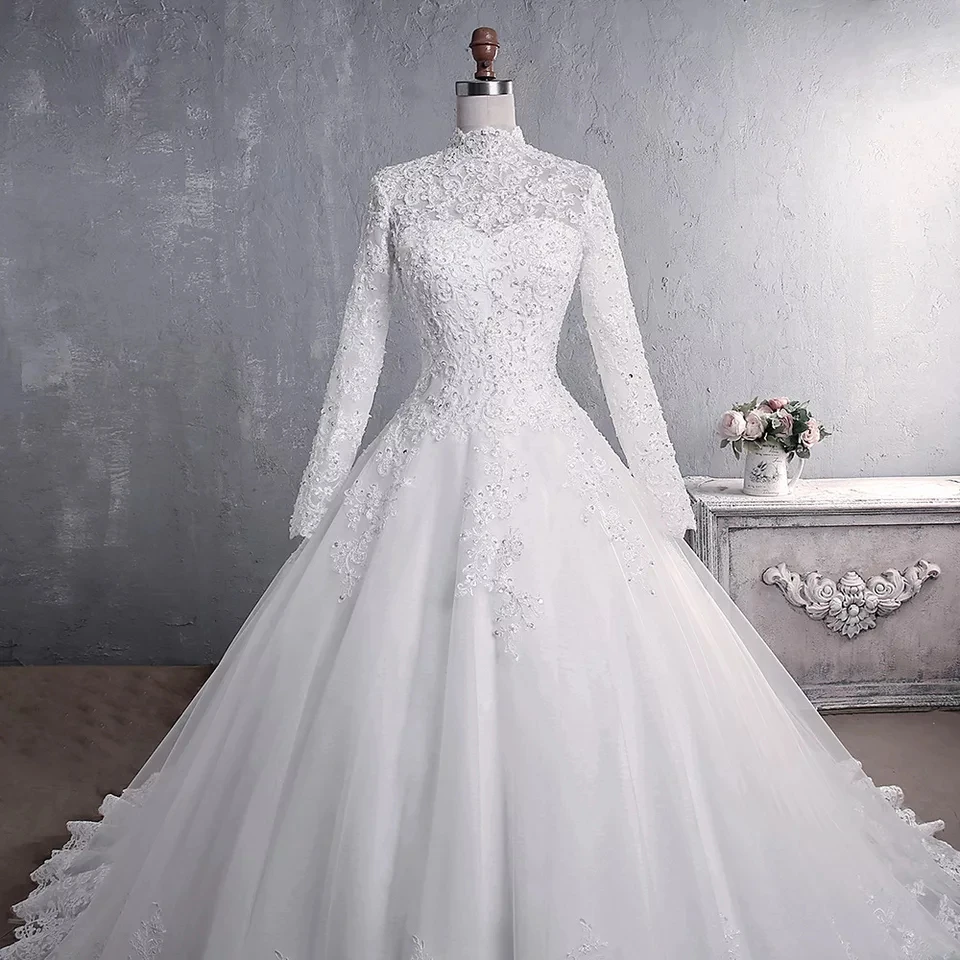 Customized White/Ivory Long Sleeves Wedding Dress Lace Appliques Beading Sequins Bride Dresses High Neck Elegant Wedding Gowns