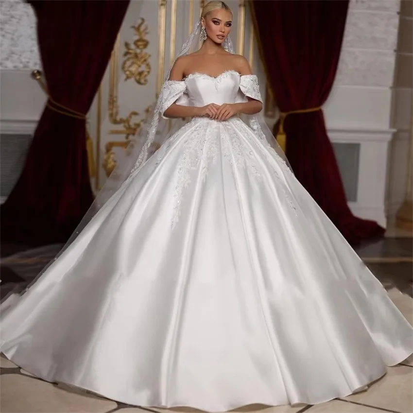Customized Romantic Sweetheart Ball Gown Off The Shoulder Wedding Dress Beading Satin Appliques Short Sleeve vestidos de novia