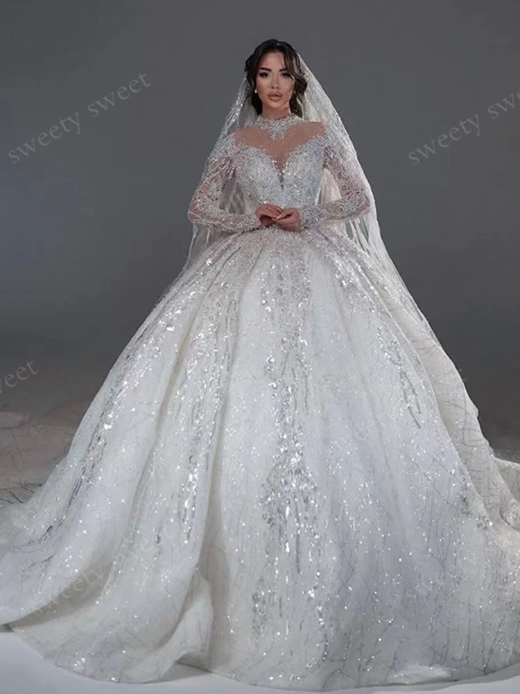 Luxurious Wedding Dress Sequins With Bead Ballgown High-Neck Fullsleeve Customized Bride Dress Lace Embroidered Vestido De Novia