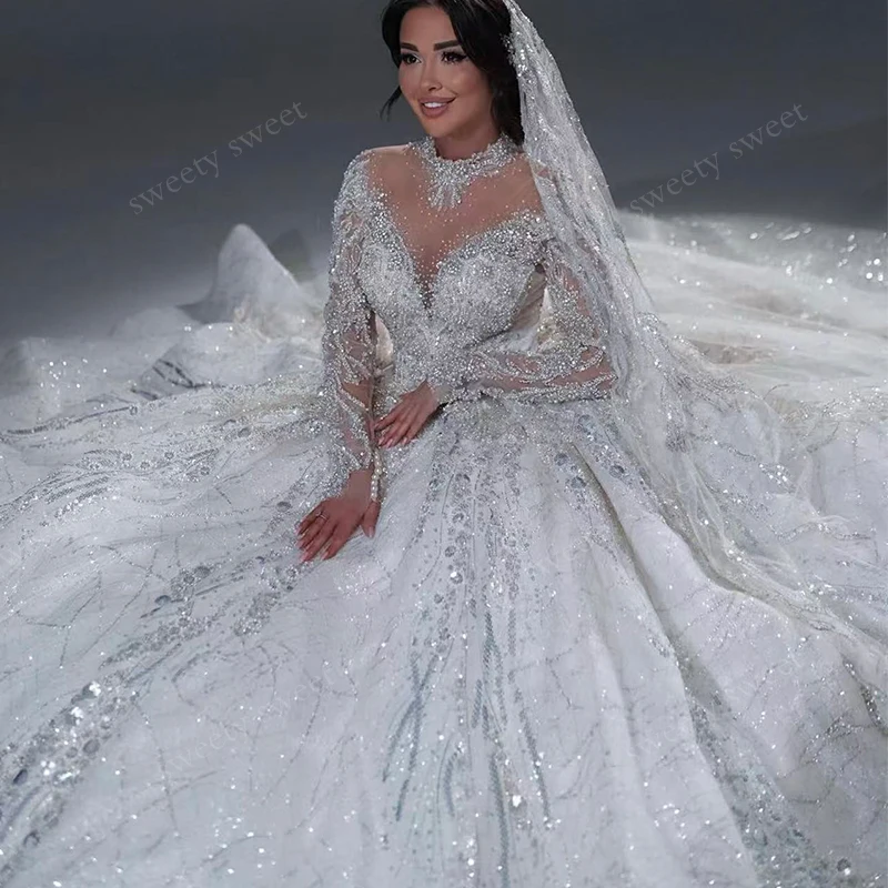 Luxurious Wedding Dress Sequins With Bead Ballgown High-Neck Fullsleeve Customized Bride Dress Lace Embroidered Vestido De Novia