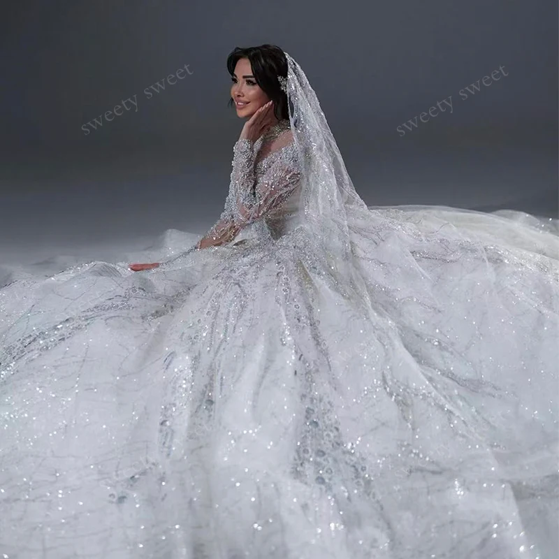 Luxurious Wedding Dress Sequins With Bead Ballgown High-Neck Fullsleeve Customized Bride Dress Lace Embroidered Vestido De Novia