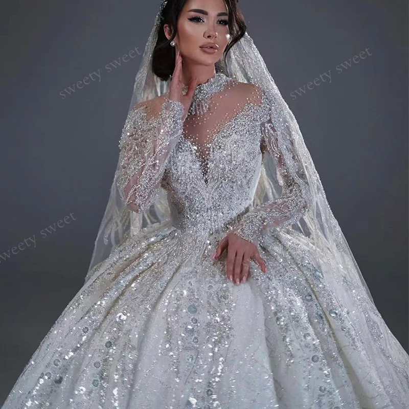 Luxurious Wedding Dress Sequins With Bead Ballgown High-Neck Fullsleeve Customized Bride Dress Lace Embroidered Vestido De Novia