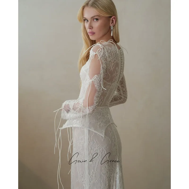 Gwn&Gce Lace Wedding Dress Luxury 2026 Mermaid Full Sleeve Front Split Bride Gowns Applique Sweep Train Vestidos De Novia Custom