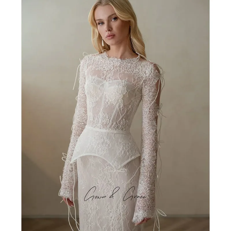 Gwn&Gce Lace Wedding Dress Luxury 2026 Mermaid Full Sleeve Front Split Bride Gowns Applique Sweep Train Vestidos De Novia Custom