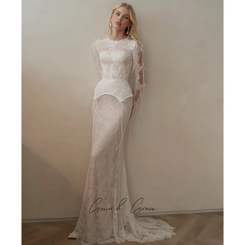 Gwn&Gce Lace Wedding Dress Luxury 2026 Mermaid Full Sleeve Front Split Bride Gowns Applique Sweep Train Vestidos De Novia Custom