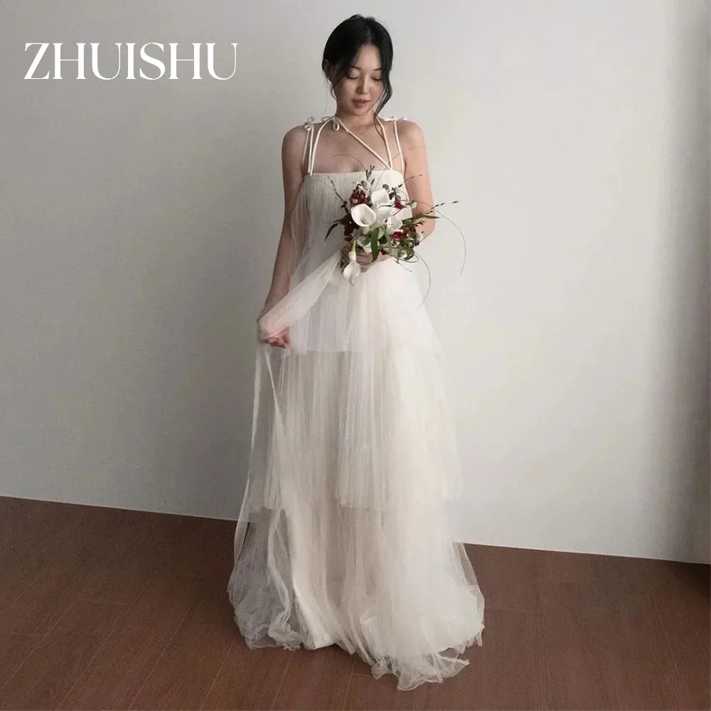ZHUISHU Customized Wedding Dresses Sleeveless Ivory Spaghetti Straps Korea Tulle Tiered Brides Gowns Women Bridal Dresses