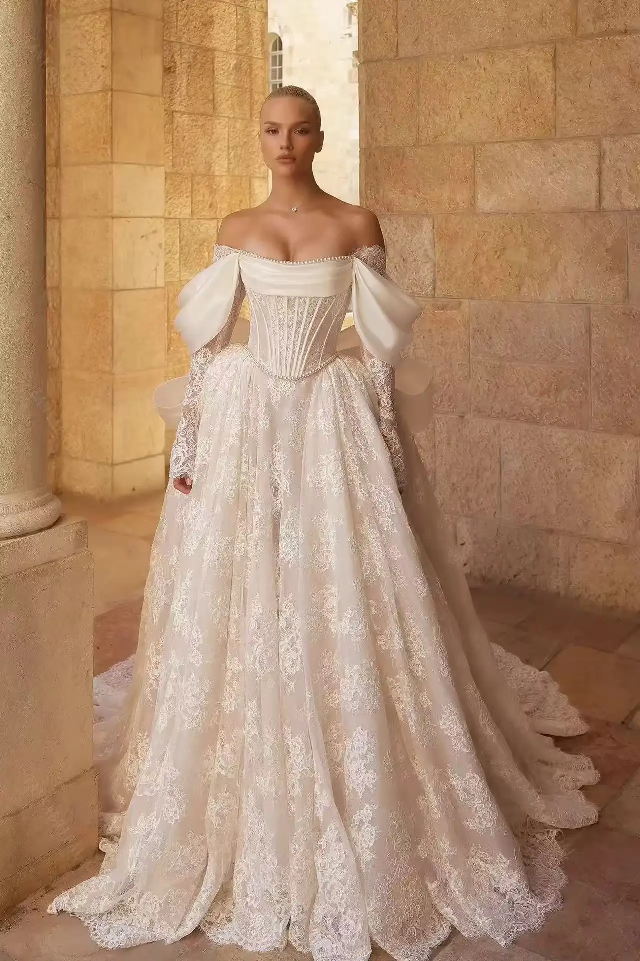 Customized Shimmering Moments Luxury Lace Wedding Dress Sexy Off The Shoulder Vintage Wedding Dress