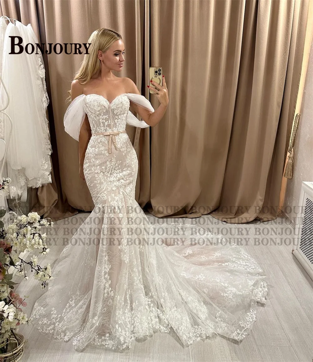 BONJOURY Stylish V-neck Wedding Dress for Woman Appliques Off-the-shoulder Mermaid Detachable Train Appliques Customized