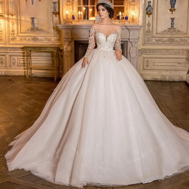 Graceful Wedding Dress Organza Lace With Embroidery Ball Gown Full Sleeve O-Neck Customized Bridal Dress Button Vestido De Novia
