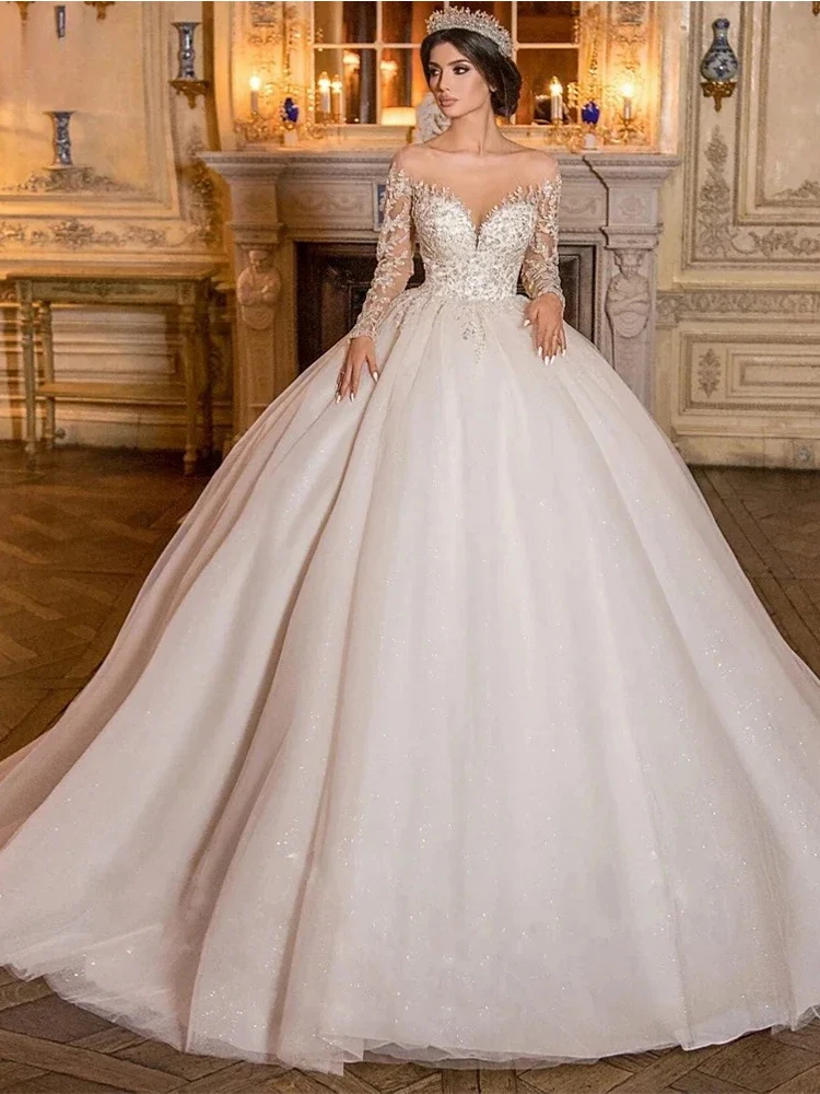 Graceful Wedding Dress Organza Lace With Embroidery Ball Gown Full Sleeve O-Neck Customized Bridal Dress Button Vestido De Novia
