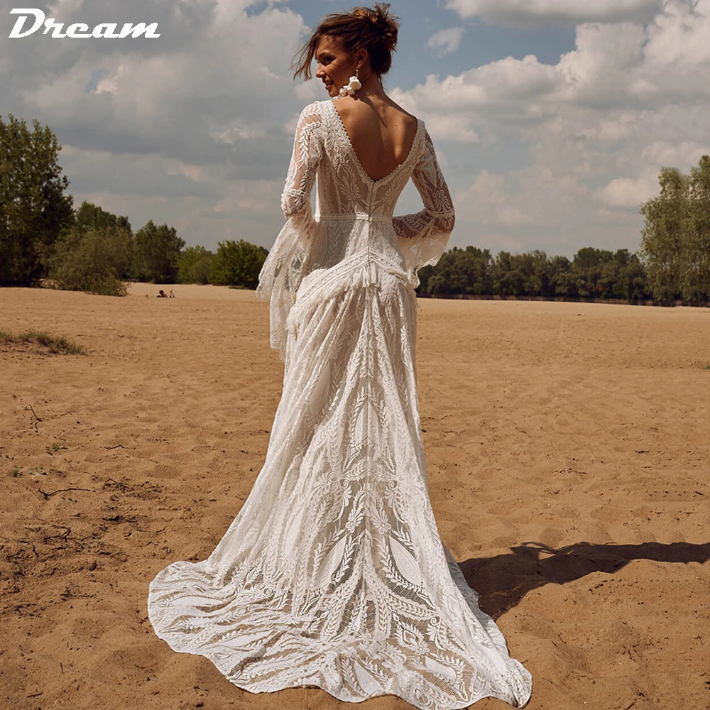DREAM Customized V Neck Flare Sleeves Lace Wedding Dresses for Women Long Bride Dress Backless Vintage Outfit Bridal Gowns 2026