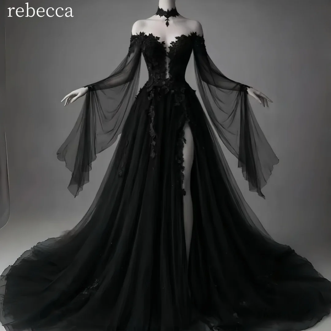 Rebecca Customized Off Shoulder Long Sleeve Prom Dress Floor-Length vestidos de noche Lace Embroidery 3D Flower Evening Dresses