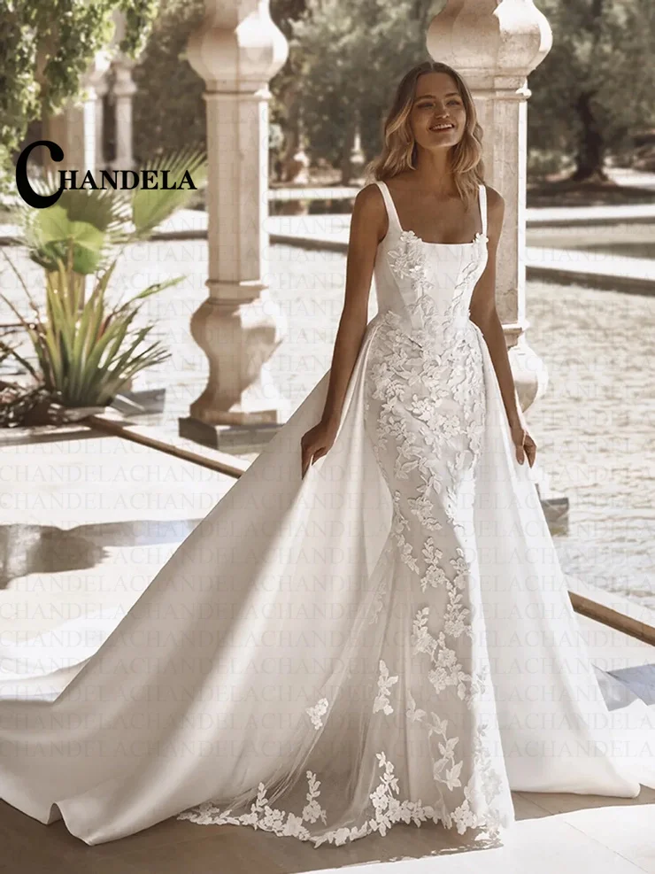 CHANDELA Classic Square Collar Wedding Dress for Women Removable Train Appliques Satin Zipper Vestidos De Novia Customised