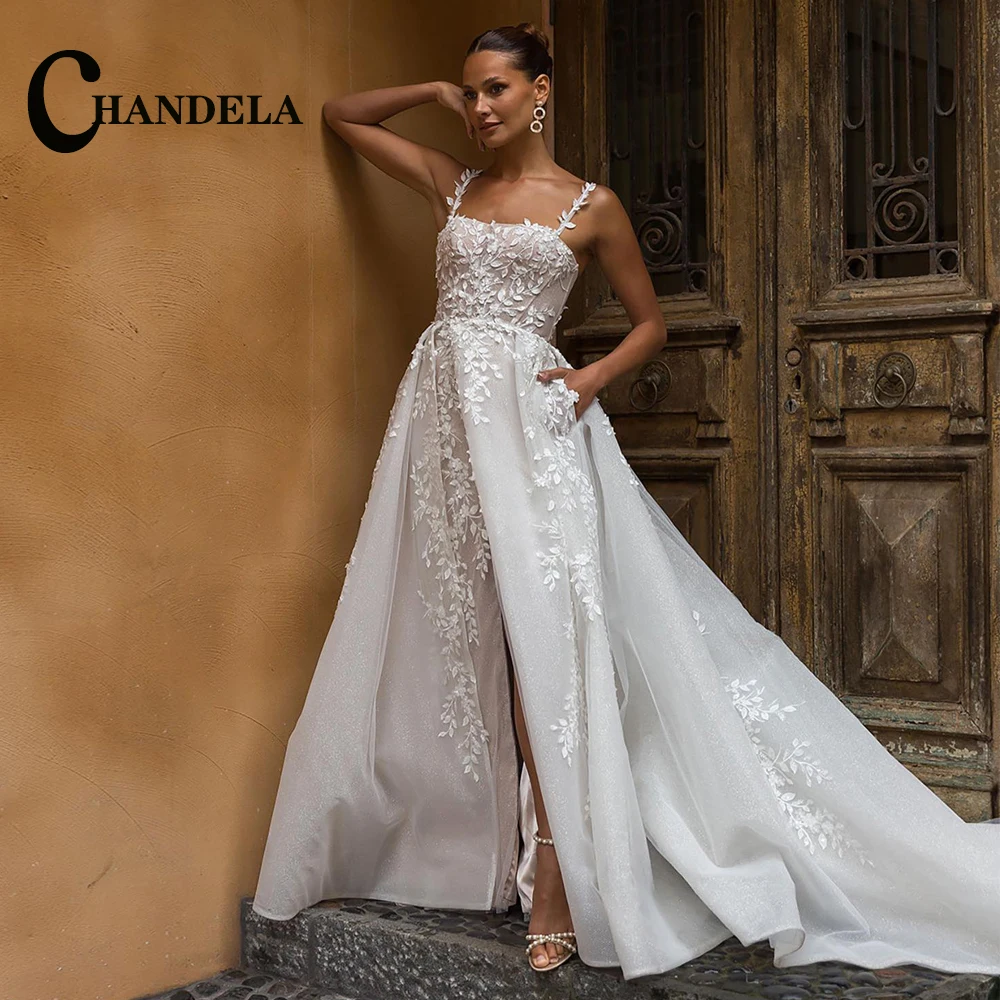 CHANDELA Classic Square Collar Wedding Dress for Women Removable Train Appliques Satin Zipper Vestidos De Novia Customised