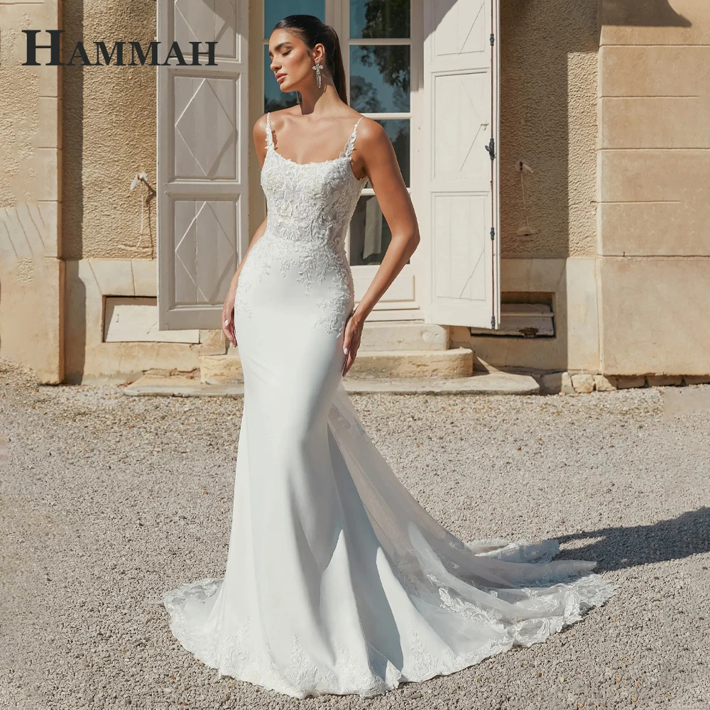 HAMMAH Fancy Spaghetti Straps Brides Dress Scoop Neck Lace Appliques Memaid Sleeveless Chapel Train Robe De Mariee Customized