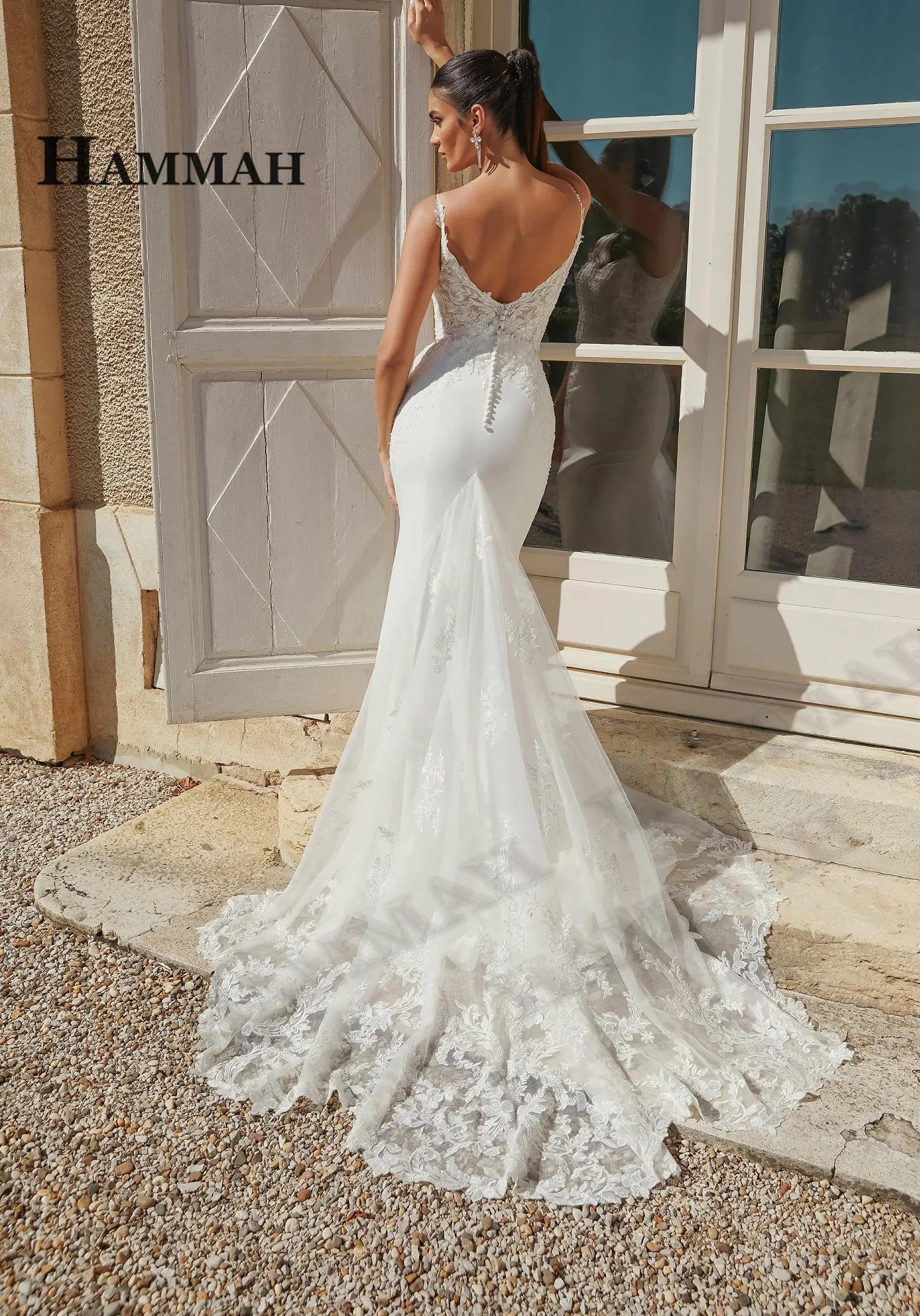 HAMMAH Fancy Spaghetti Straps Brides Dress Scoop Neck Lace Appliques Memaid Sleeveless Chapel Train Robe De Mariee Customized