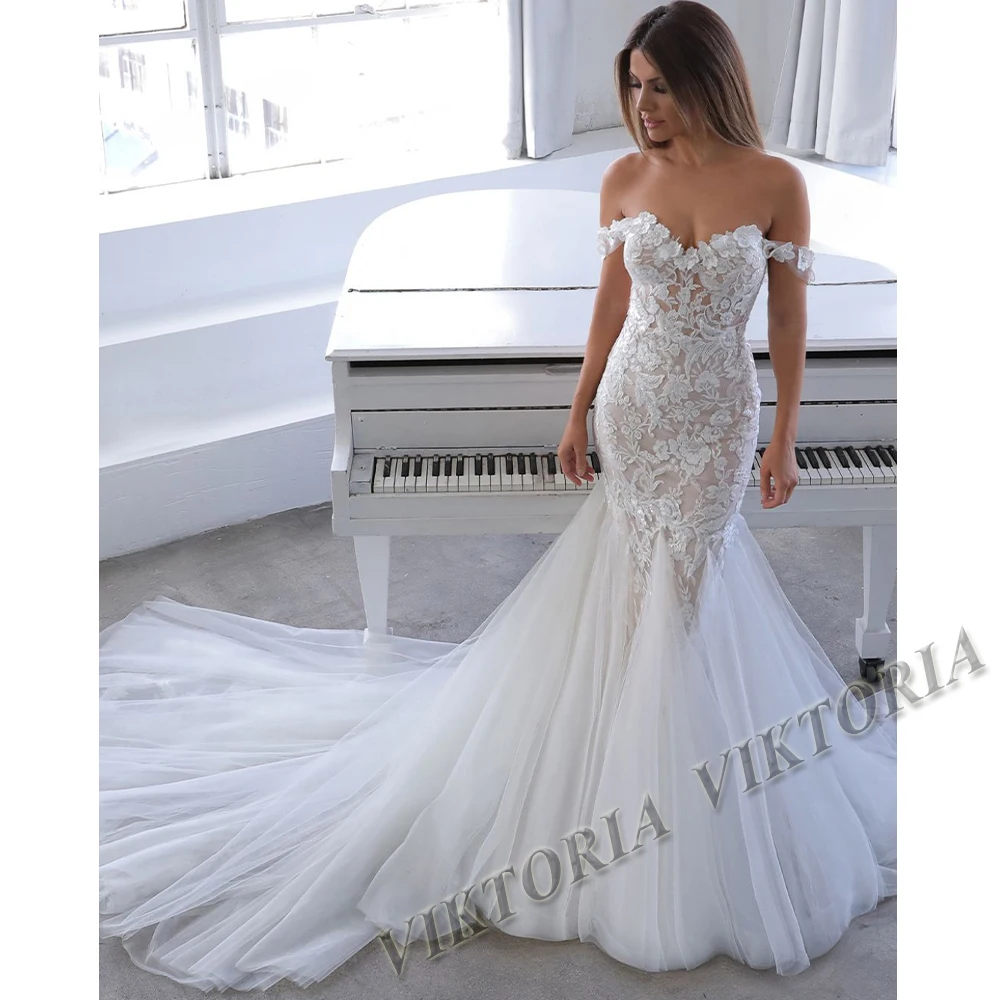 VIKTORIA Charming Tulle Wedding Gowns for Women Square Collar Appliques Sleeveless A Line Chapel Train Vestido De Casamento