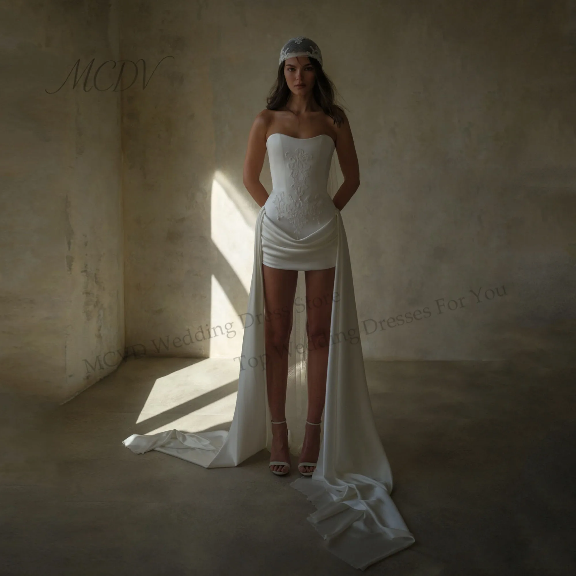 Short Civil Wedding Dress 2026 Pleated Strapless Straight Satin Mini After Party Gown Sleeveless Vestido Noiva Curto Customized
