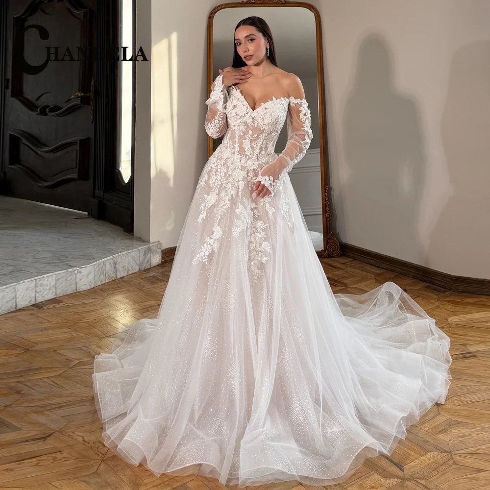 CHANDELA Trendy A-line Wedding Dress Bridal Full Sleeves Zipper Lace Appliques Bling Tulle Sweep Train Vestidos Customised