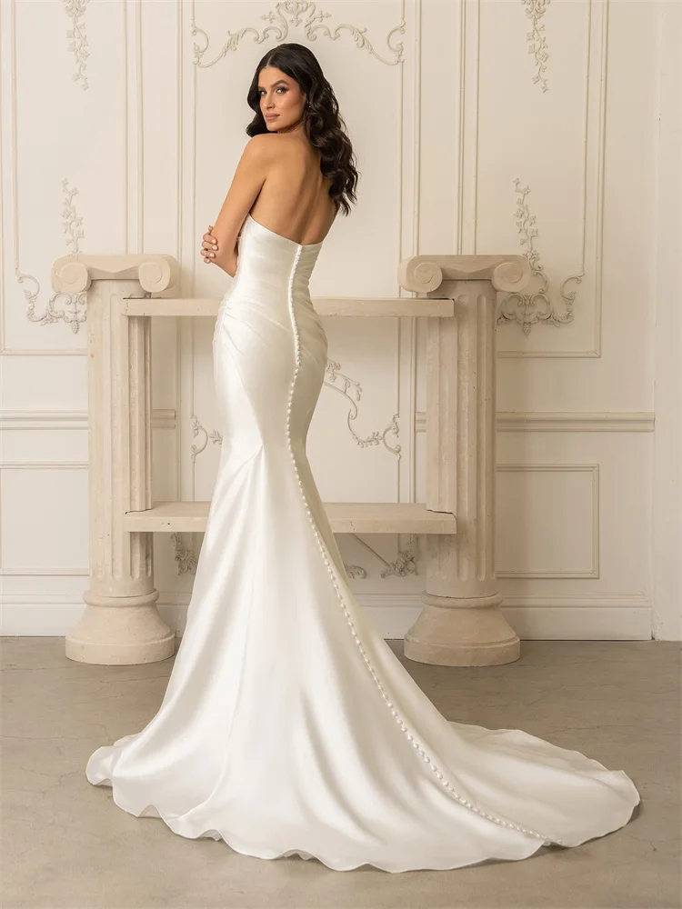 Customized Strapless Boat Neckline Satin Mermaid Wedding Dress Elegant Button Back Floor Length Sweep Train Gown For Bride 2026