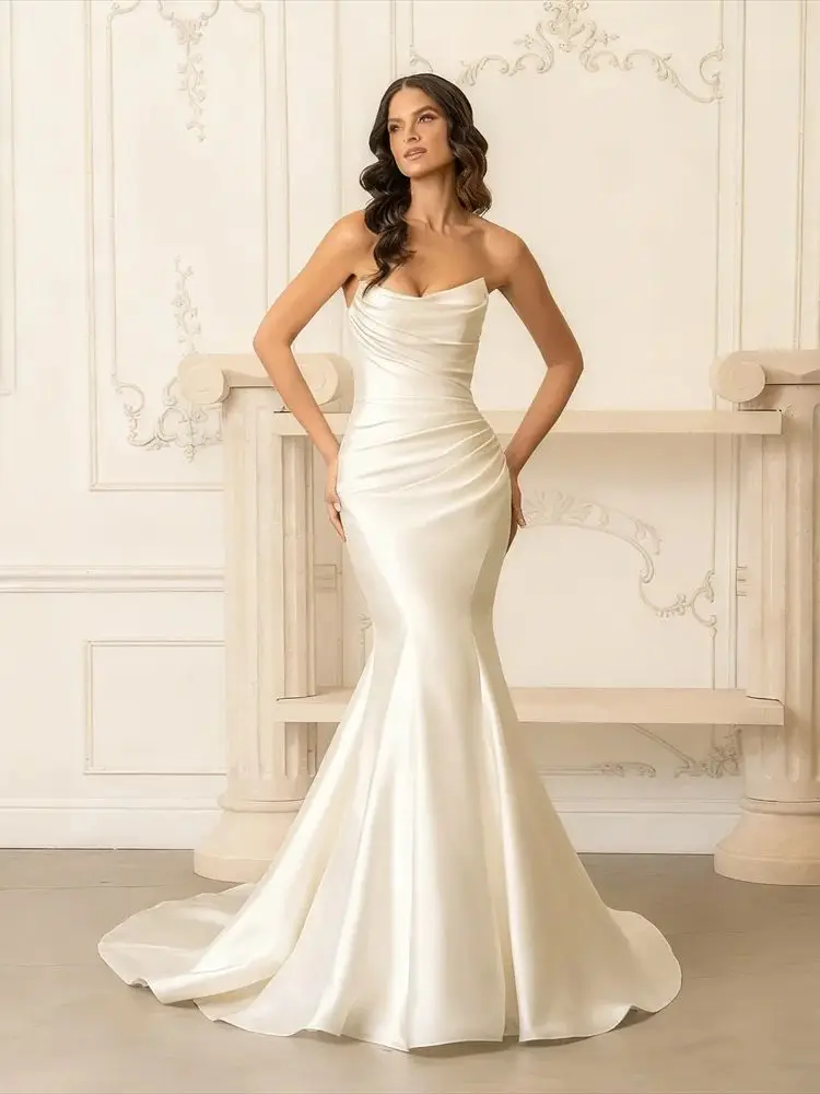 Customized Strapless Boat Neckline Satin Mermaid Wedding Dress Elegant Button Back Floor Length Sweep Train Gown For Bride 2026