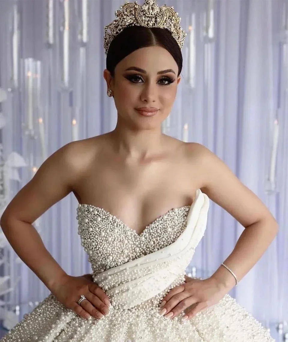 Customzied Dubai Luxury Pearls Beading Sweetheart Ball Gown Wedding Dresses Princess Sleeveless Bride Gowns Vestido De Noiva