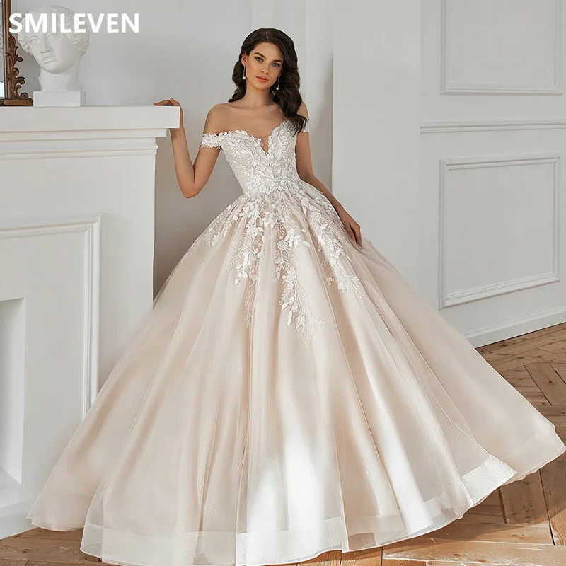 LORIE V Neck Lace Wedding Dresses Off Shoulder فساتين سهAppliques Bride Dress Elegant Shiny Modest Wedding Gowns 2025 Customized