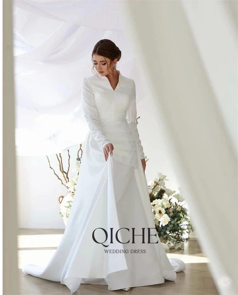 QICHE Modest Muslim Wedding Dresses Long Sleeve Luxury Floor Civil Bride Dresses Plus Customized 2026 Evening Prom Party Gowns