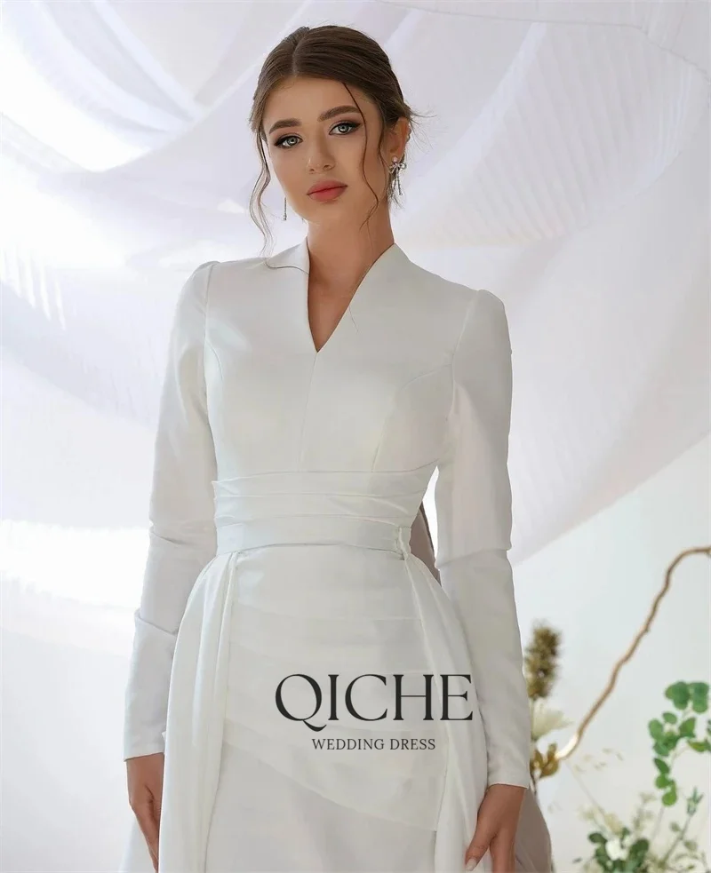 QICHE Modest Muslim Wedding Dresses Long Sleeve Luxury Floor Civil Bride Dresses Plus Customized 2026 Evening Prom Party Gowns