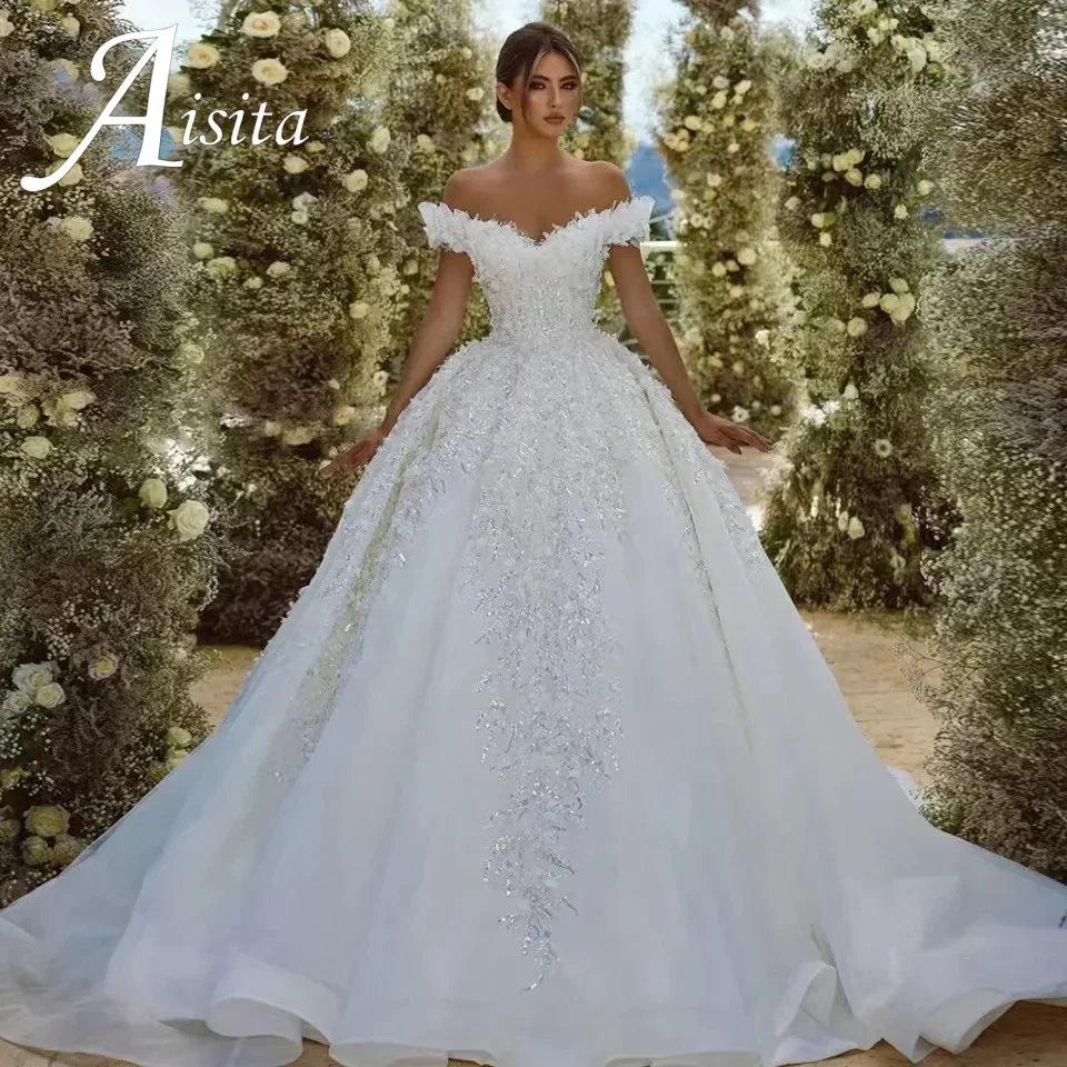 Customized Ball Gown Princess Wedding Dresses Sweetheart Off the Shoulder Vestido De Novia Backless Sequined Robe De Mariee
