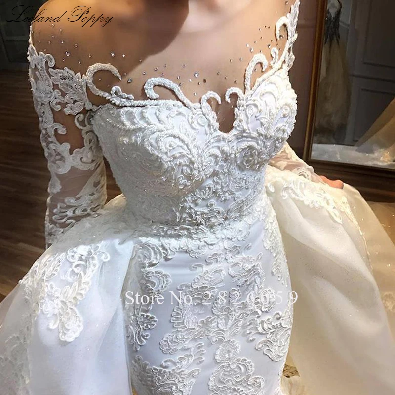 Lceland Poppy Customized Mermaid Wedding Dresses Scoop Neck Long Sleeves Beaded Lace Bridal Gown with Detachable Train
