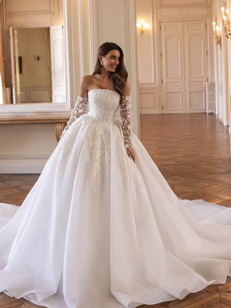 Off The Shoulder Wedding Dress Organza With Embroidery Detachable Full Sleeve Ball Gown Customized Back Lace Up Vestido De Novia
