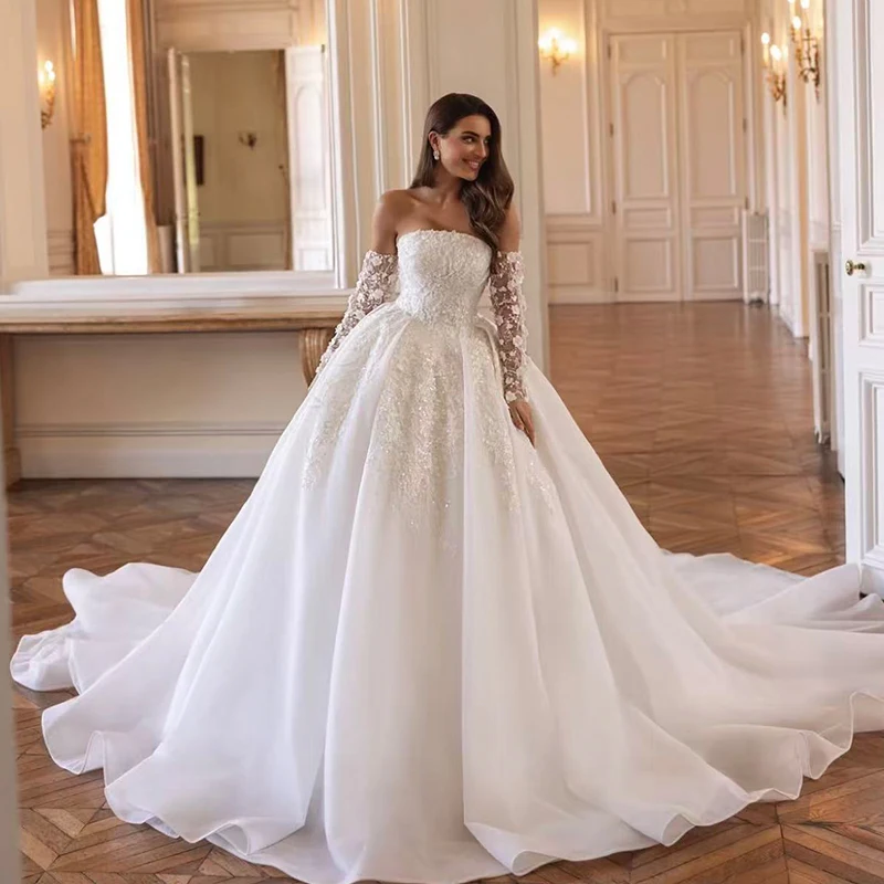 Off The Shoulder Wedding Dress Organza With Embroidery Detachable Full Sleeve Ball Gown Customized Back Lace Up Vestido De Novia