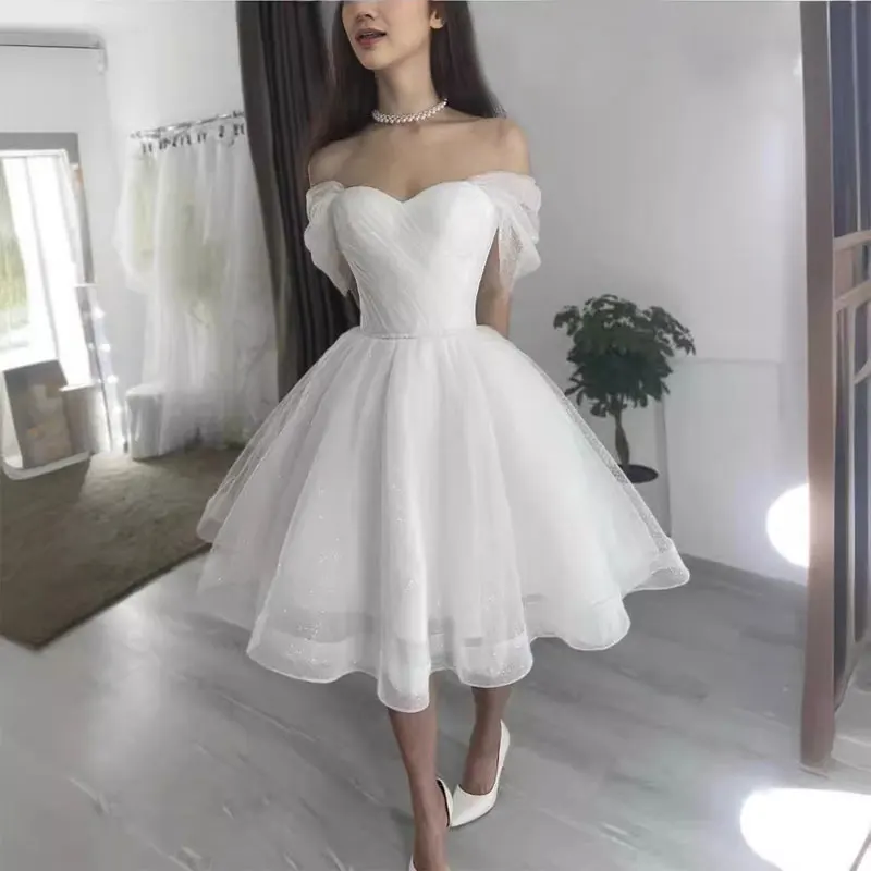 Simple Glitter Tulle Shorts Wedding Dress Off Shoulder Knee Length Short Sparkly Party Prom Ball Gowns Birthdaty Gift Custom