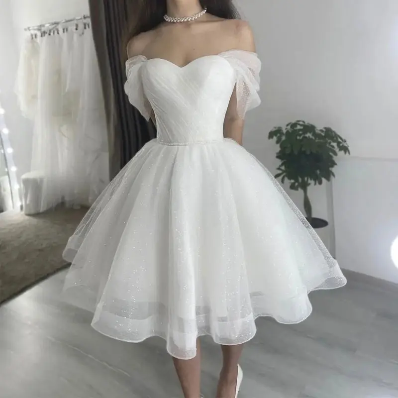 Simple Glitter Tulle Shorts Wedding Dress Off Shoulder Knee Length Short Sparkly Party Prom Ball Gowns Birthdaty Gift Custom