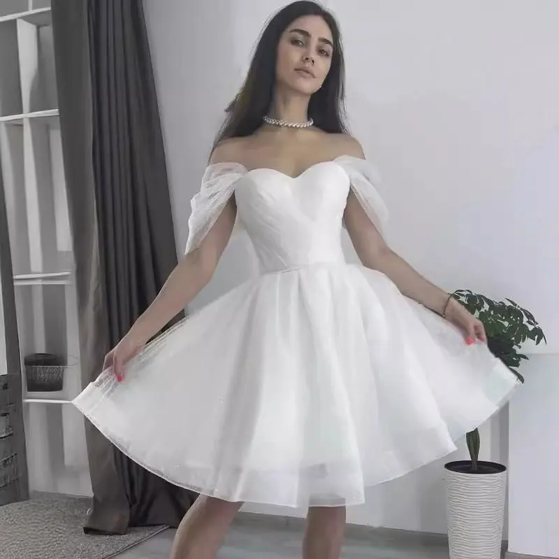 Simple Glitter Tulle Shorts Wedding Dress Off Shoulder Knee Length Short Sparkly Party Prom Ball Gowns Birthdaty Gift Custom